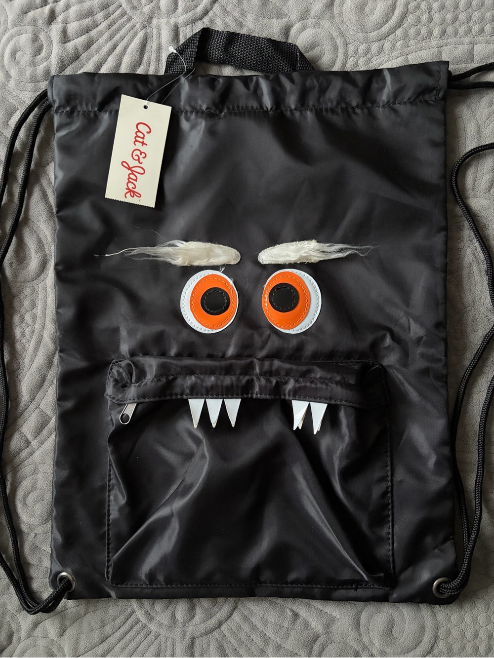 Cat & Jack Kids Monster Drawstring Backpack Bag Black Orange NWT